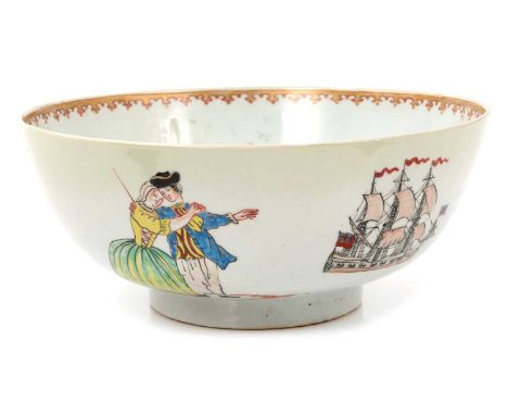 Chinese export porcelain bowl, circa 1780, polychrome painted in the European style with the 'Sailor's Farewell', 21cm diamet