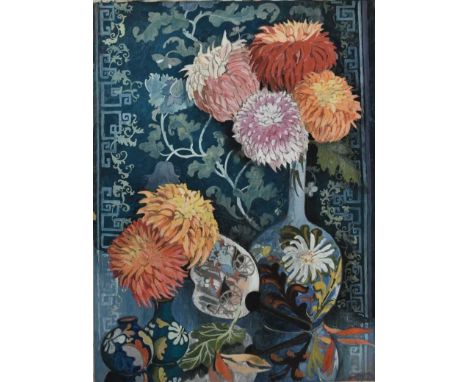 *Dione Page (1936-2021) gouache - Still Life Chrysanthemums, inscribed, initialled and dated, unframed, 56cm x 43cm