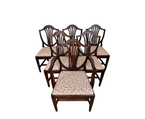 Set of six George III mahogany Hepplewhite dining chairs, each with arched pierced splat and slip-in seat on square tapered l