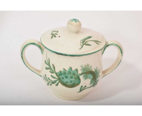 Wedgwood Queensware two handled custard cup and cover, circa 1790, painted in green enamel with seaweed, 8.25cm highGood over