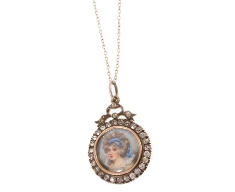 Antique paste set portrait locket with a circular ivory portrait miniature of an 18th century style lady in a double sided si