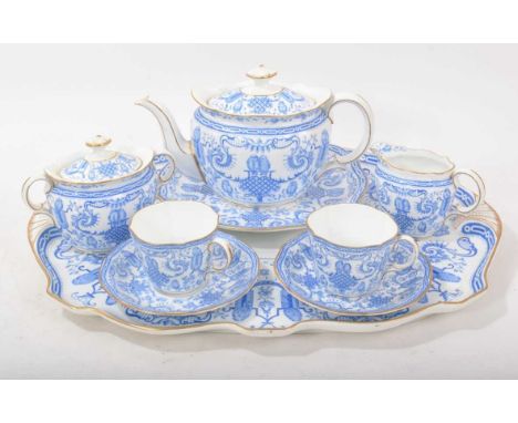 Royal Crown Derby tea for two set, with tray, circa 1896, decorated in blue and white with a pattern of finches within scroll