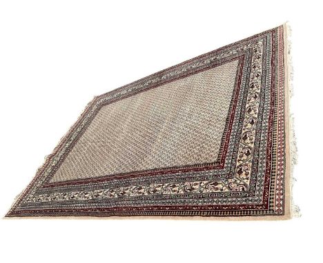 Large woolen Ushak style carpet, with geometric main field and multiple meander borders, with tassel ends, 360 x 280cmOverall