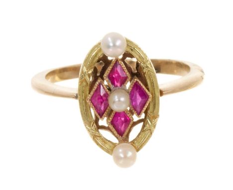Edwardian seed pearl and synthetic ruby oval plaque ring in a two-colour gold setting. Ring size M