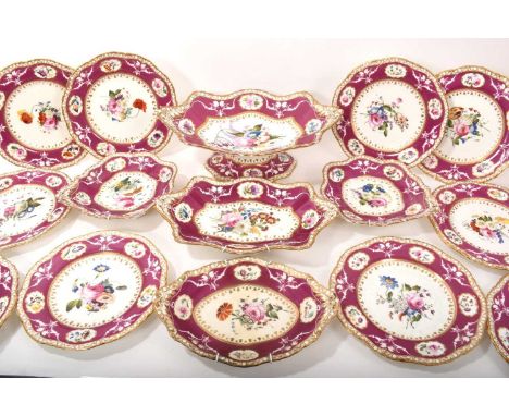 19th century Spode dessert service, painted and moulded with floral patterns on a puce and gilt ground, comprising 12 plates,