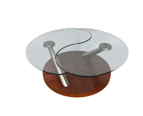 Roche Bobois cantilevered glass coffee table, with adjusting top on circular veneered base, 89cm diameter