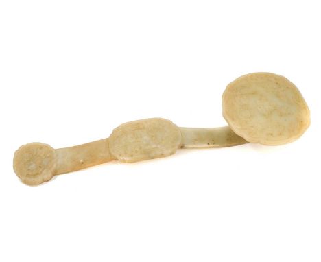 Fine quality Chinese jade ruyi scepter, of traditional form, with three shaped relief panels, carved with deities in fantasti