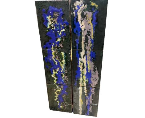 Rita Moiret (1912-1994) enamel compositions, abstract, a separate pair, signed, inscribed to rear, 107cm x 25.5cm each.Proven