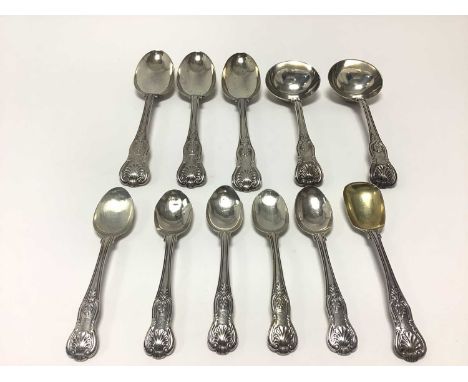 Group of Georgian and Victorian silver King’s pattern flatware, comprising a pair of sauce ladles, three table spoons, five t