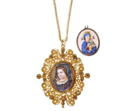 Two antique continental devotional enamel pendants, one in gilt metal filigree mount on chain and the other set in silver 
