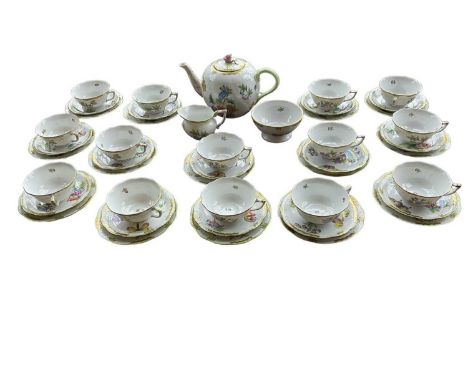 Herend Queen Victoria pattern teaset, for fourteen place settings, comprising large bullet shaped teapot, milk jug, sugar bow