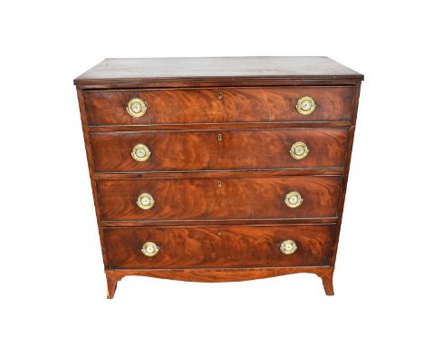 Regency mahogany chest of four long graduated drawers on splayed bracket feet, 97cm wide x 46cm deep x 92cm high