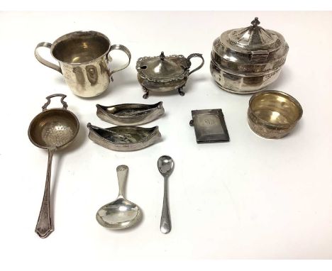 Selection of Victorian and later silver, including a tea caddy and caddy spoon, twin handled cup, mustard pot, pair of canoe 