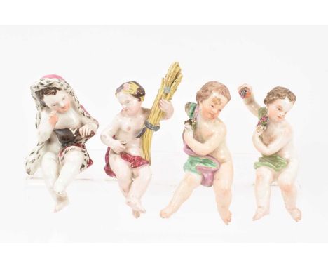 Four Continental porcelain figures of Seasons, probably Meissen and for mounting on furniture, approx 10cm high