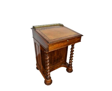 Mid Victorian burr walnut davenport desk, with three quarter brass gallery and maple lined fitted interior, with hinged stati