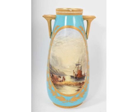 Royal Worcester turquoise ground vase, printed mark for 1872, painted with a scene titled 'Sunset at Sea After E. Roe', 28cm 