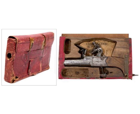 Rare 18th century 'highwayman's wallet', the folding Moroccan red leather wallet housing a concealed flintlock pistol, engrav