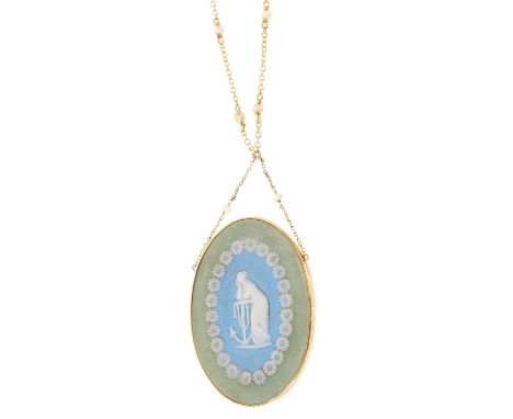 Antique Wedgwood Jasperware pendant necklace, the oval panel depicitng an allegory of Hope in a 15ct gold mount suspended fro