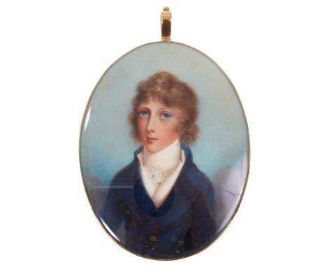 Portrait miniature on ivory of a young boy in glazed gold mounted frame, oval with loop suspension, 9 x 6.5cm. APHA Ref: A8TF