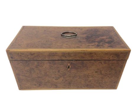 Regency burr yew tea caddy, with ring handle to the hinged cover and interior of twin lidded canisters flanking central cut g