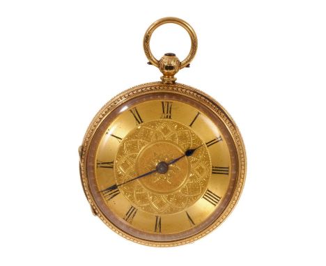 Early Victorian 18ct gold pocket watch with fusee movement, engined turned gold dial in a circular gold case, 44mm diamater, 