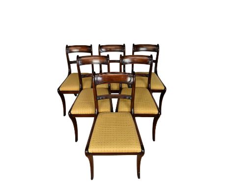 Set of ten George III style mahogany dining chairs, each with bar back and slip in seat on sabre legs