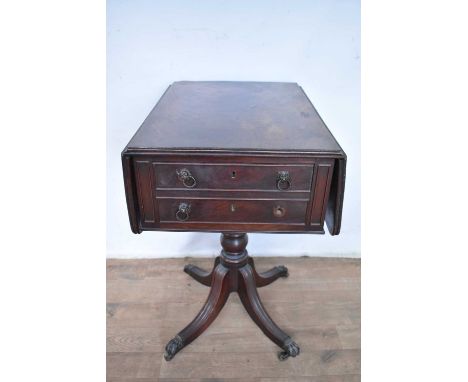 19th century mahogany Pembroke work table, with drop-leaf top, with deep drawer to one end a shallow drawer to rear, raised o