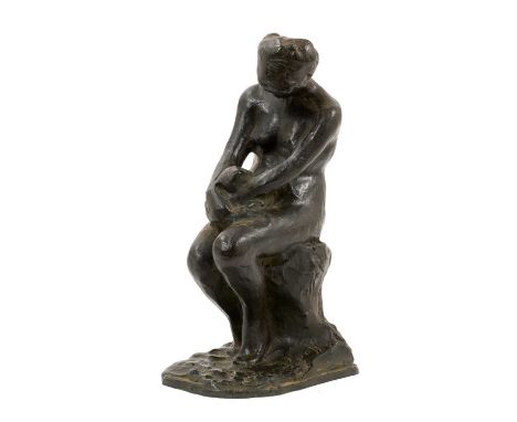 Olga Popoff Muller (American, 1883-1980), Art Nouveau bronze sculpture of a seated woman holding a cat, signed to base, 20cm 