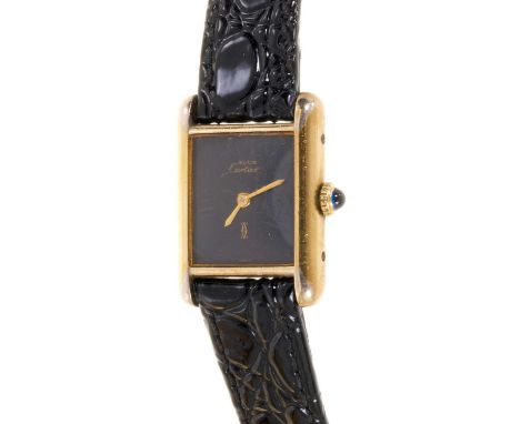 Ladies Cartier Must de Cartier tank wristwatch with mechanical movement, black 'onyx' dial in silver gilt tank shaped case, 2