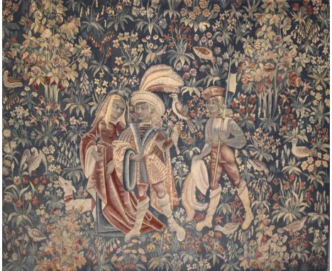 Finely embroidered mediaeval style loom machined tapestry, scene of nobles in a forest, with bar suspension, approximately 14