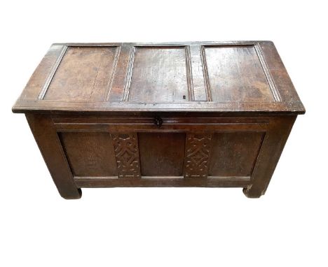 17th century carved oak coffer, triple panel lid and carved stiles, 103cm wide x 56cm deep x 51cm high