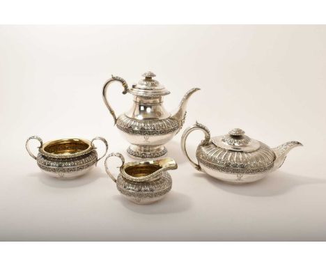 Good quality George IV silver four piece tea and coffee set by Barnards, of compressed baluster form, with reeded body and ap