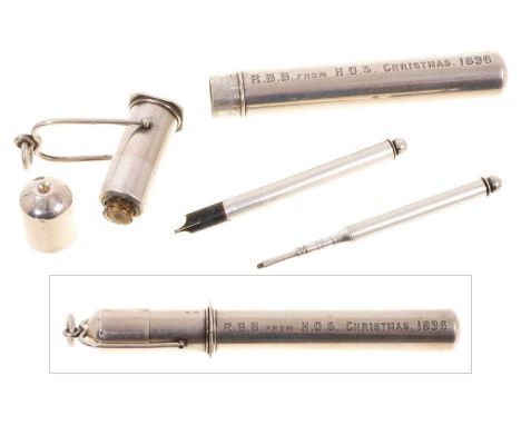 Unusual Victorian silver penner/portable writing set with pen, pencil and inkwell, in a silver case, with engraved presentati