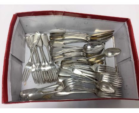 Selection of 19th century silver fiddle pattern flatware, with engraved initial A, comprising 8 table spoons, 12 dessert spoo