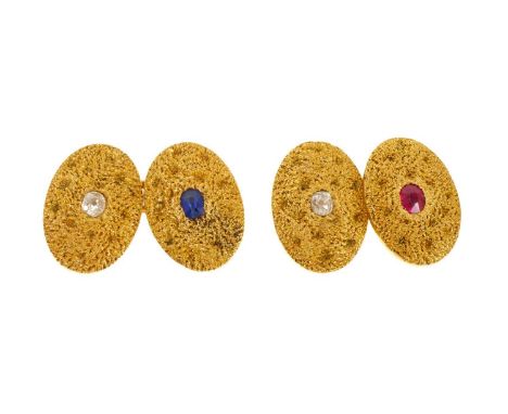 Pair of Victorian 18ct gold and gem set cufflinks with old cut diamonds, a mixed cut ruby and blue sapphire on textured gold 