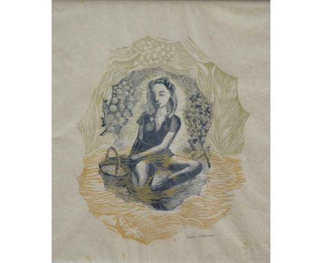 John O'Conner (1913-2004) colour etching - seated girl with basket in countryside, 33cm x 28cm, in glazed frame 
