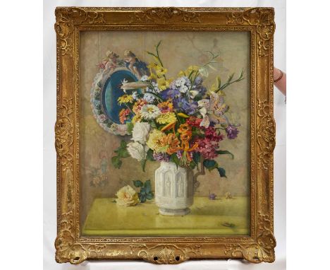 John Ernest Foster (1877-1965) oil on canvas - Still Life, 'Flowers &amp; Mirror', signed, artists label verso, 76.5cm x 63.5