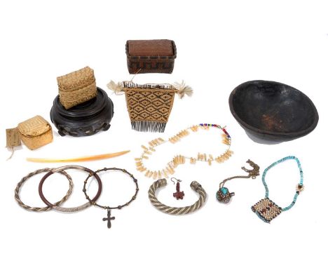 Group of ethnographic and tribal items, including a small bowl on four squat feet, possibly Polynesian, a South American monk