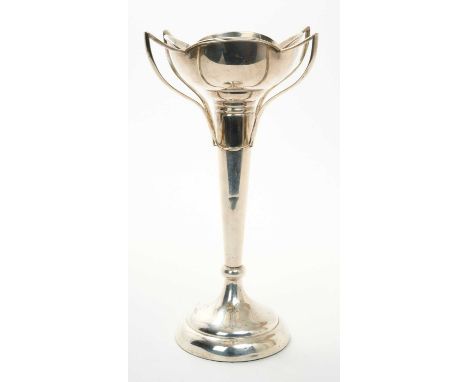 George V, Art Nouveau style silver vase of trumpet form, with slender tapered stem and four wire handles, on a pedestal base,