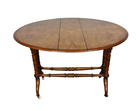 Victorian inlaid figured walnut and marquetry Sutherland table, with oval hinged top on ring turned understructure, 81cm wide