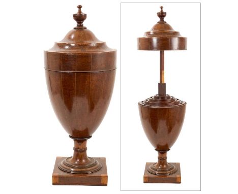 Rare George III mahogany and tulipwood crossbanded urn shape cutlery box, with rising cover enclosing tiered knife holders, r