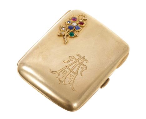 Edwardian silver gilt and gem set cigarette case with applied flower motif set with rubies, diamonds, sapphires and an emeral