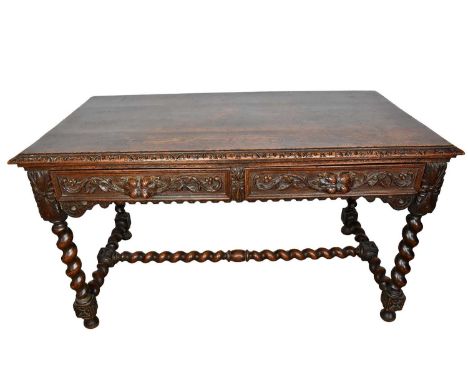 19th century carved oak two drawer hall table, with two frieze drawers on barley twist understructure, 136cm wide x 72cm deep