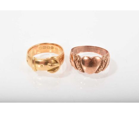 Antique 18ct gold buckle ring (London 1915), ring size P-Q, and an Edwardian 9ct rose gold heart shape band (Birmingham 1909)