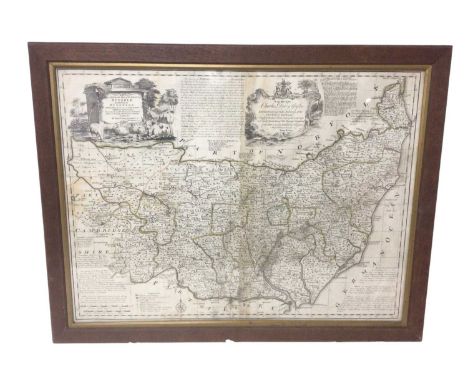 Mid 18th century hand coloured engraved map by Emanuel Bowen, 'Suffolk Divided into its Hundreds', 52cm x 70cm, in glazed fra