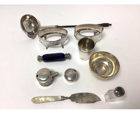 Selection of miscellaneous silver, including pair Georgian salts (lacking liners), toddy ladle, double ended scent bottle, bu
