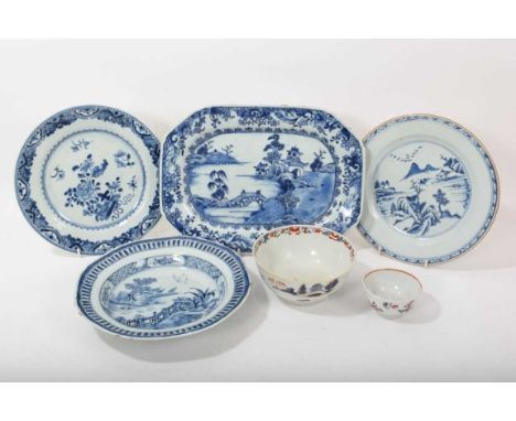 18th century Chinese blue and white meat dish, three 18th century Chinese blue and white plates, a small Chinese Imari bowl a