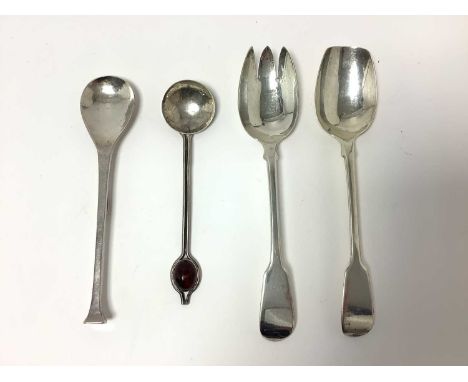 Pair Georgian silver table spoons, converted to salad servers (London 1825), together with a contemporary silver Arts and Cra