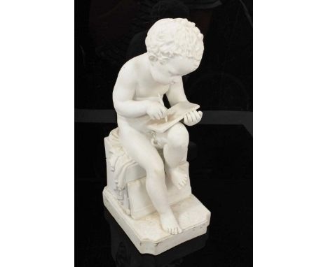 Sèvres-style biscuit glazed model of a seated child writing, interlaced 'L' mark to back and indistinctly signed, 30cm high