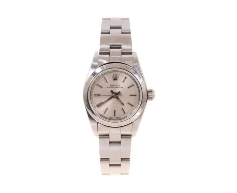 Ladies Rolex Oyster Perpetual stainless steel wristwatch, model no. 76080, serial no. Y269616, the circular silver dial with 